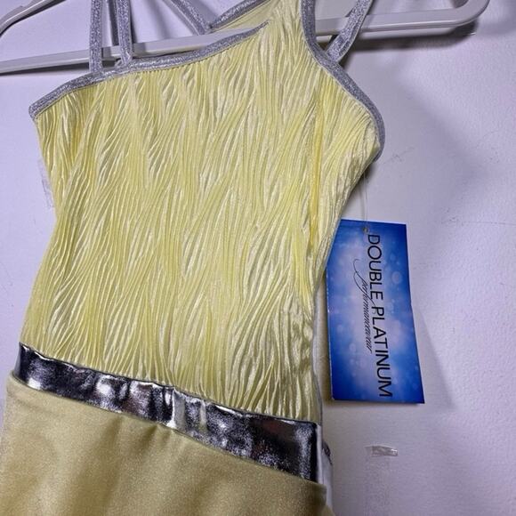 Double Platinum Girls One Shoulder Performance Leotard Yellow silver CL NWT - Picture 7 of 9